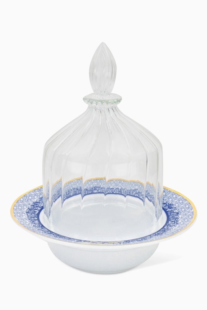 

Large Decorative Dome with Kunooz Plate in Glass & Porcelain, Blue