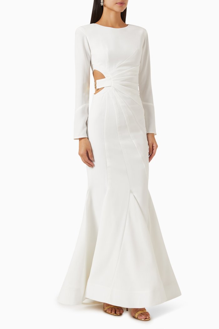 

Pleated Belt Maxi Dress in Cady, White