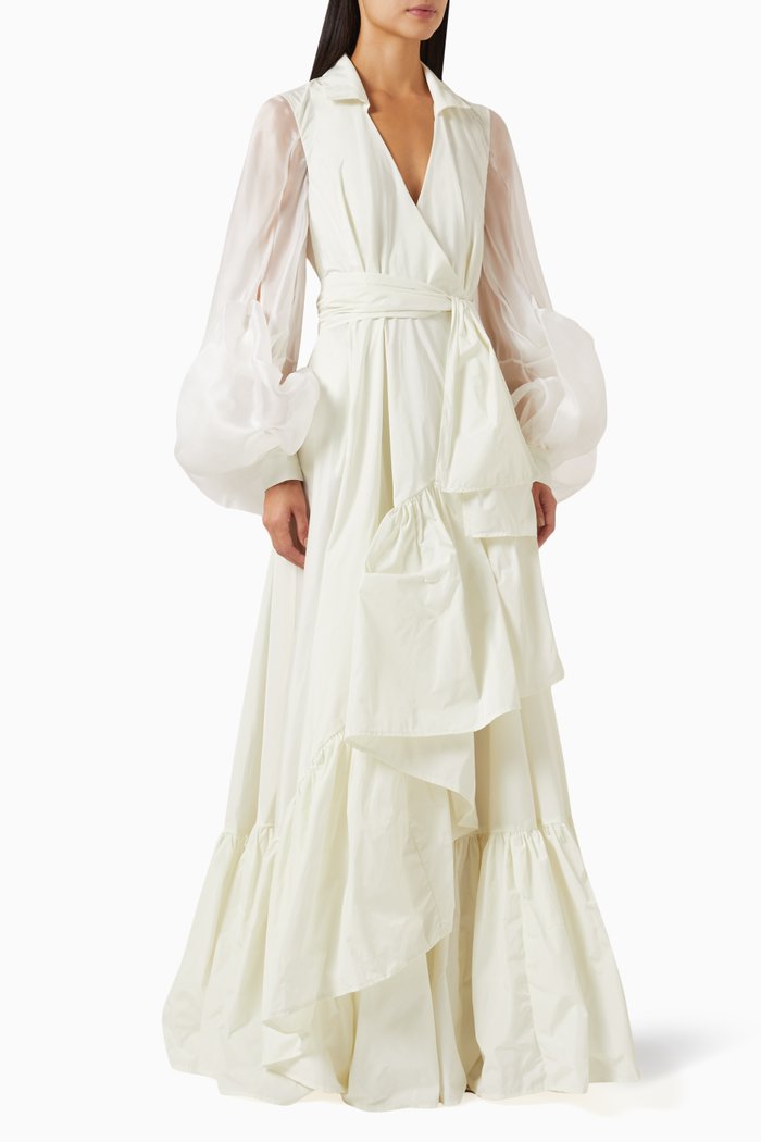 Ruffle Wrap Shirt Dress, White
