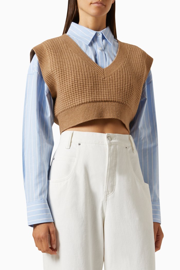 Bilayer V-neckline Vest in Knit, Brown