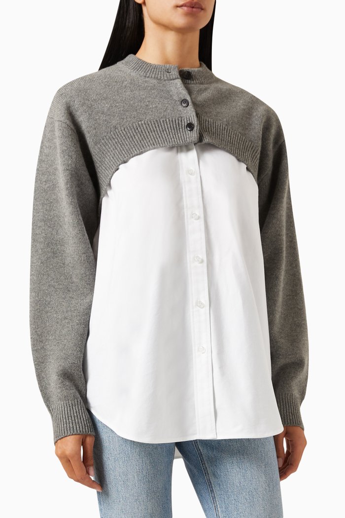 Bi-layer Buttoned Shrug Top in Oxford Shirting, Grey