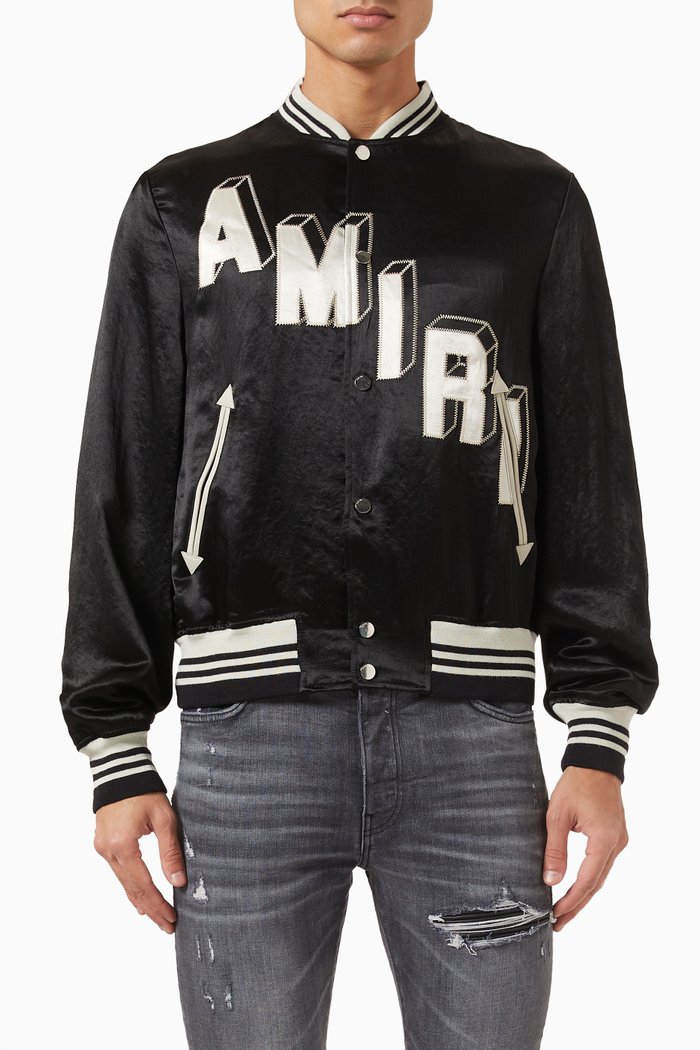 

Staggered Logo Varsity Jacket in Satin, Black