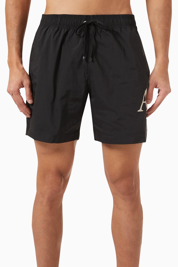 

Staggered Logo Print Swim Trunks in Poly Spandex, Black