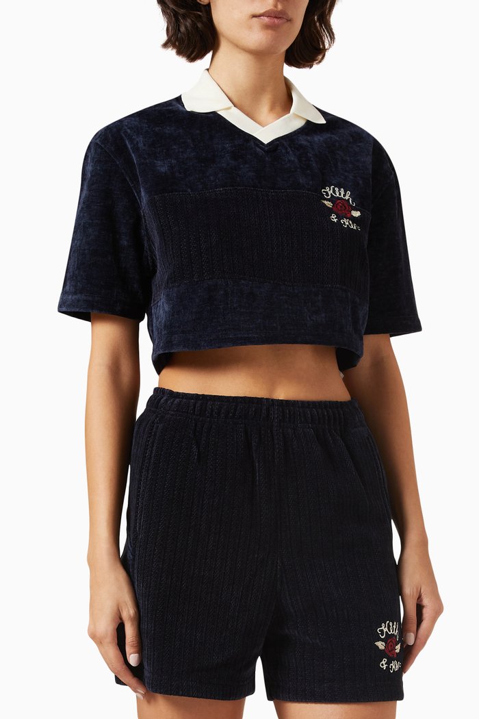 

Spencer Cropped Polo Top in Bonded-chenille, Blue