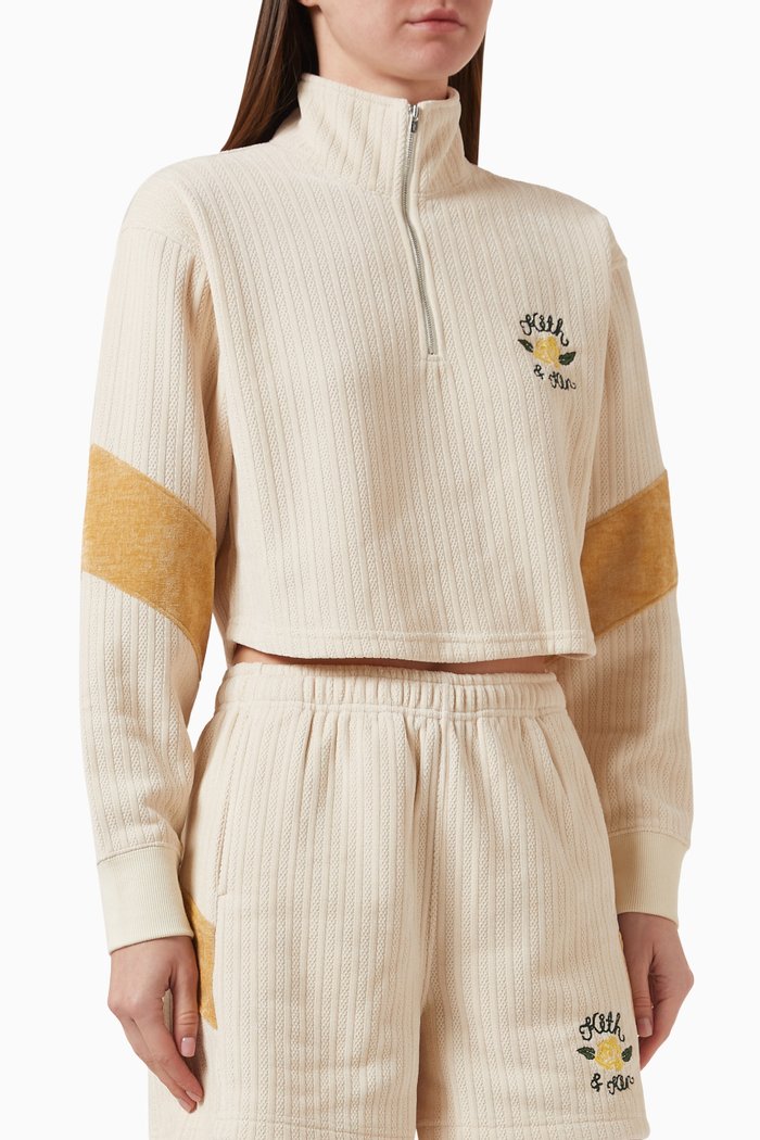 Rae Quarter-Zip Cropped Sweatshirt in Bonded-chenille, Neutral