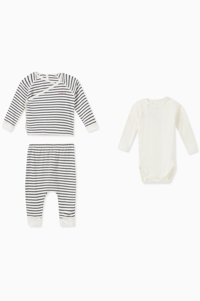 

Striped Cardigan, Trousers and Bodysuit in Cotton, Set of Three, Pink