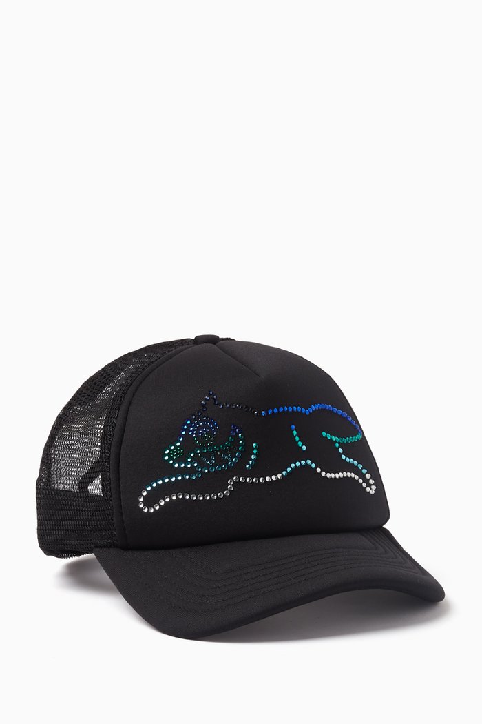 Crystal Running Dog Trucker Cap in Mesh, Black