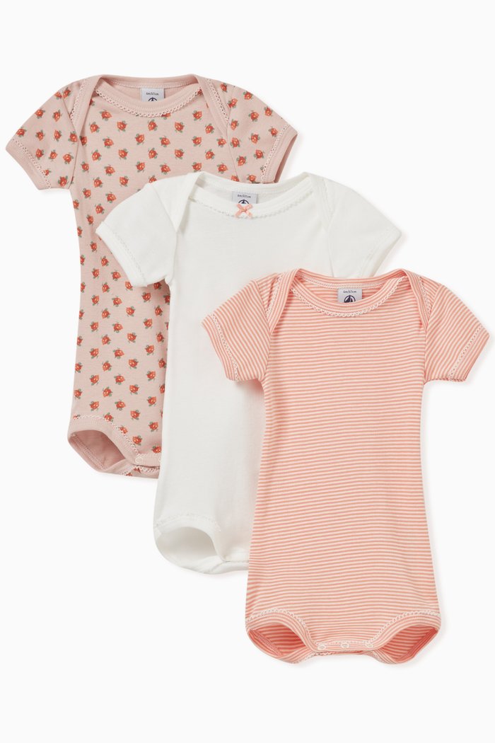 

Short-Sleeved Floral Motif Bodysuit in Cotton, Set of 3, Multicolour