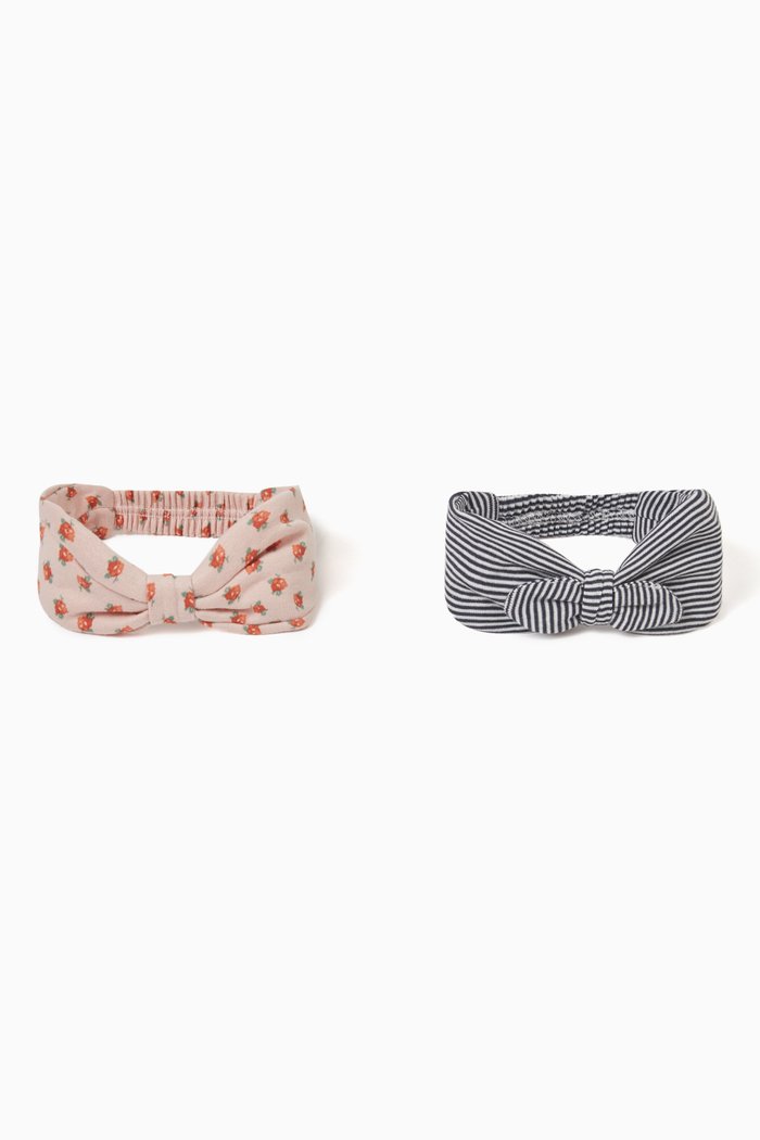 

Floral And Pinstripes Detail Headband in Cotton, Set of 2, Multicolour