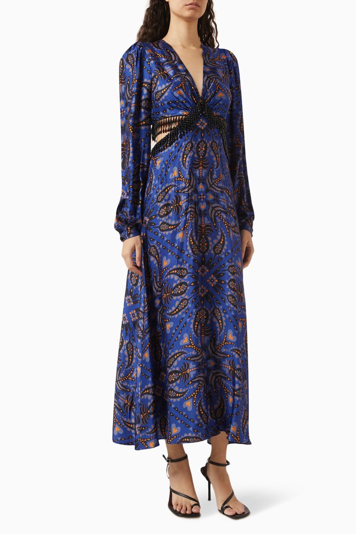 

Martina Scarf Fringe Maxi Dress in Viscose, Blue