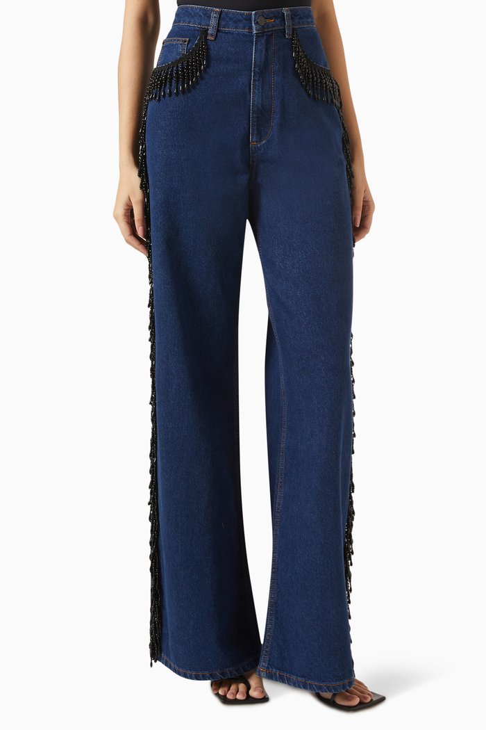 

Fringes Beads Wide Jeans in Denim, Blue