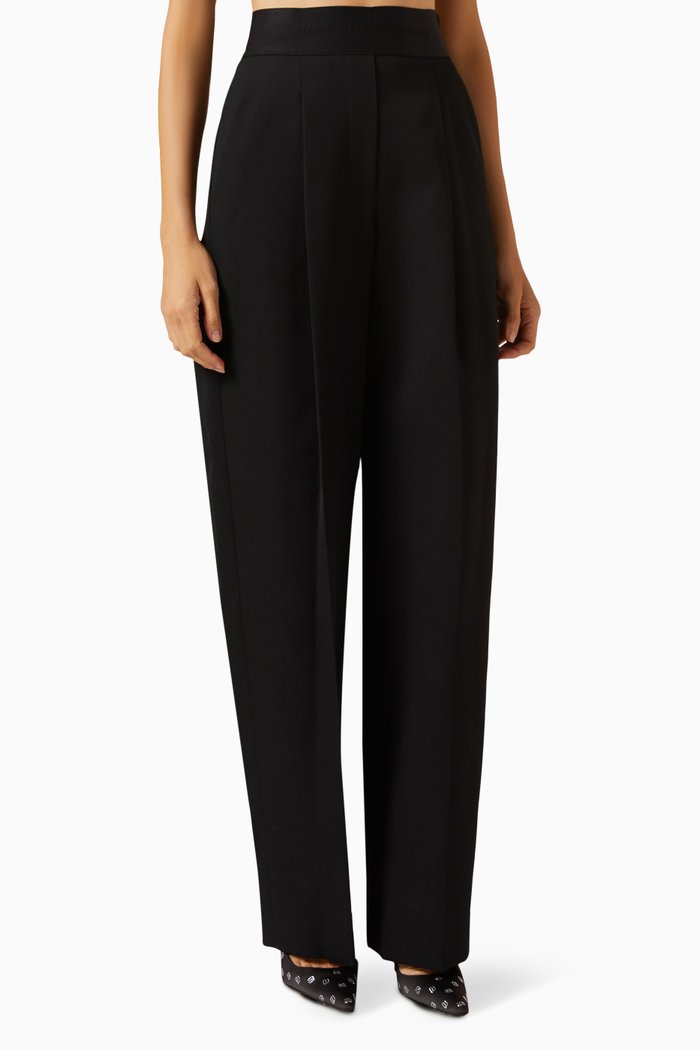 

High-waist Pleated Pants in Wool-twill, Black