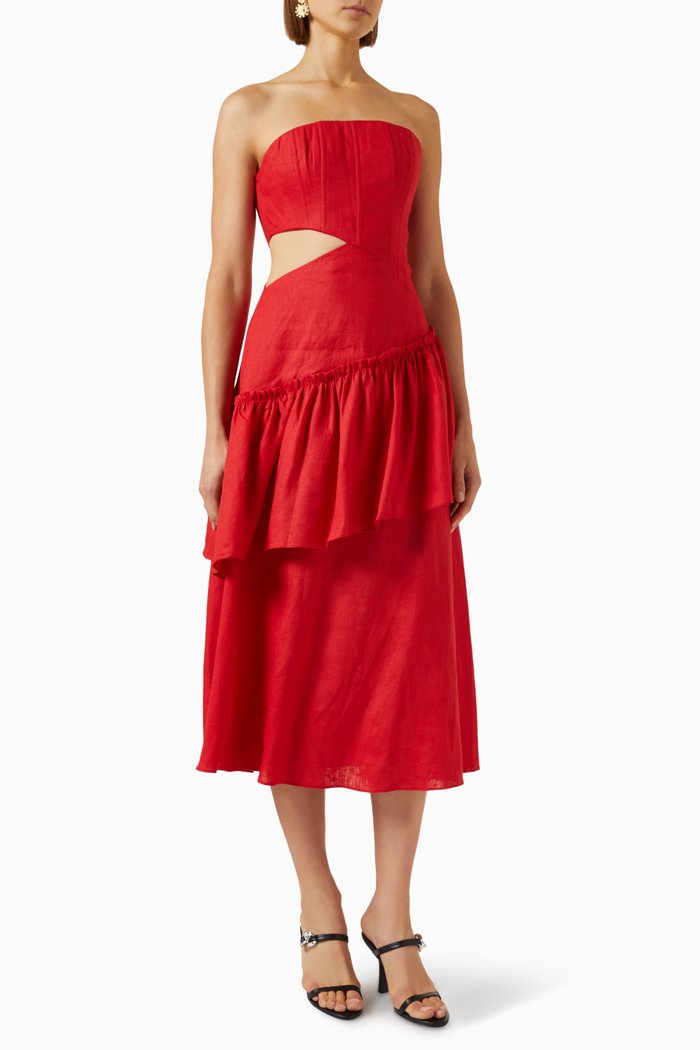 Cut-out Strapless Midi Dress in Linen, Red
