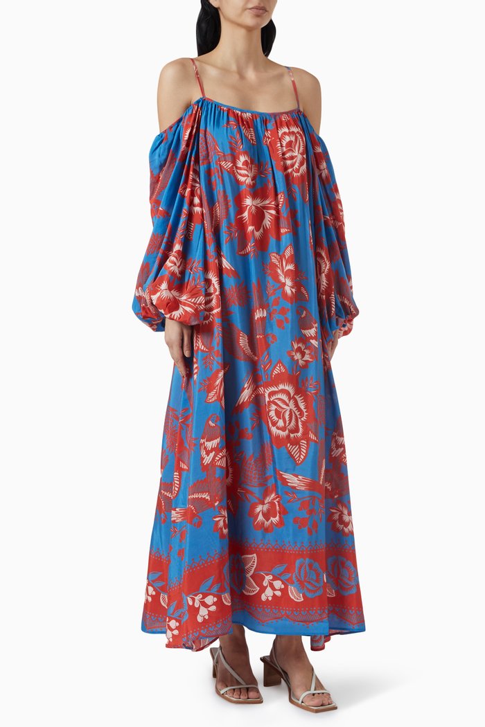 

Lace Garden Off-shoulder Maxi Dress in Cotton, Blue