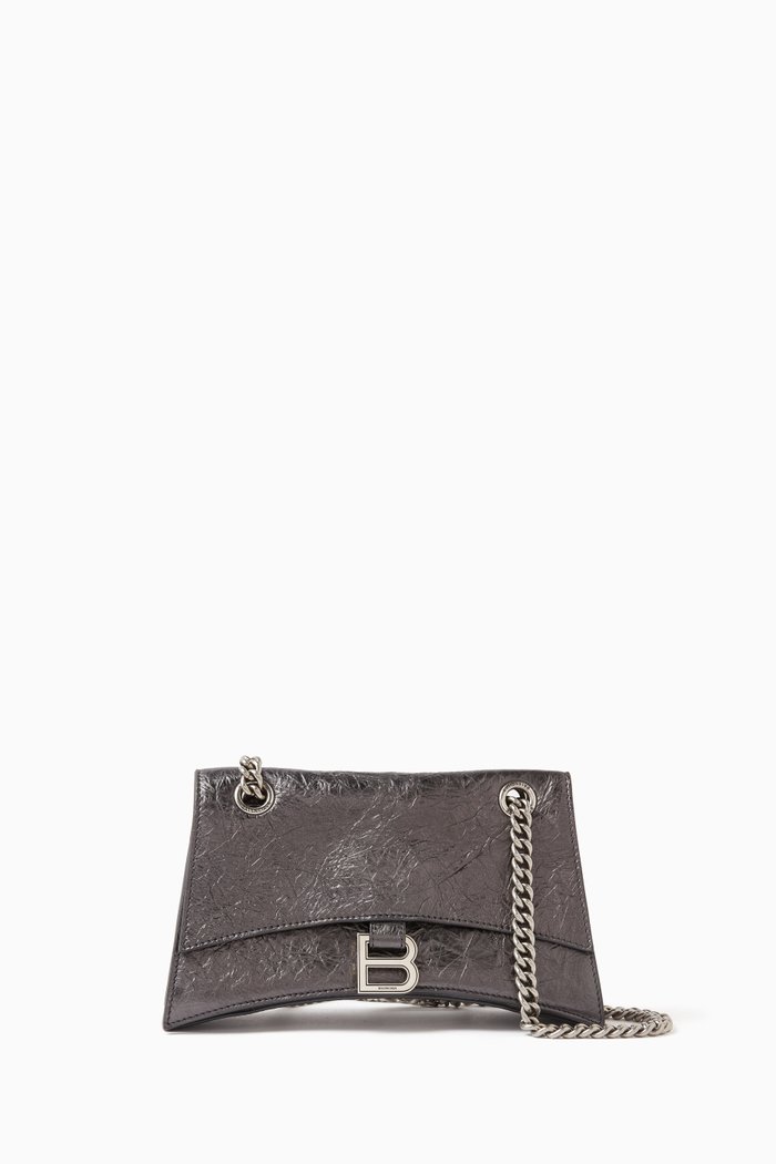 Small Crush Chain Bag in Metallized Crushed Calfskin, Grey