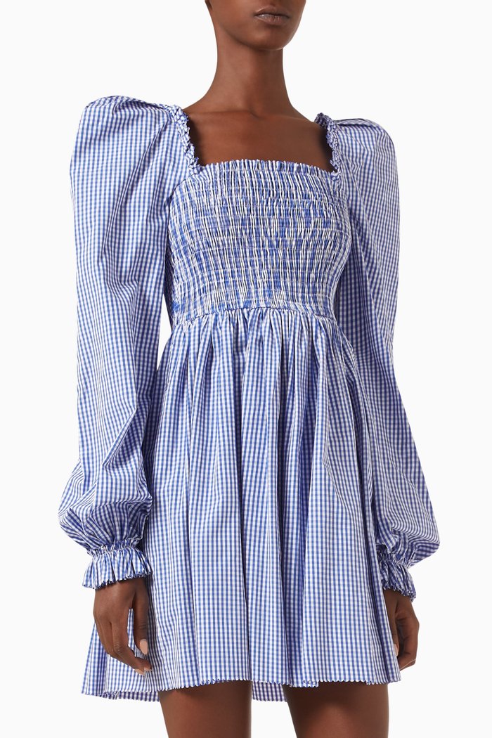 

The Straw Girl Mini Dress in Gingham, Blue