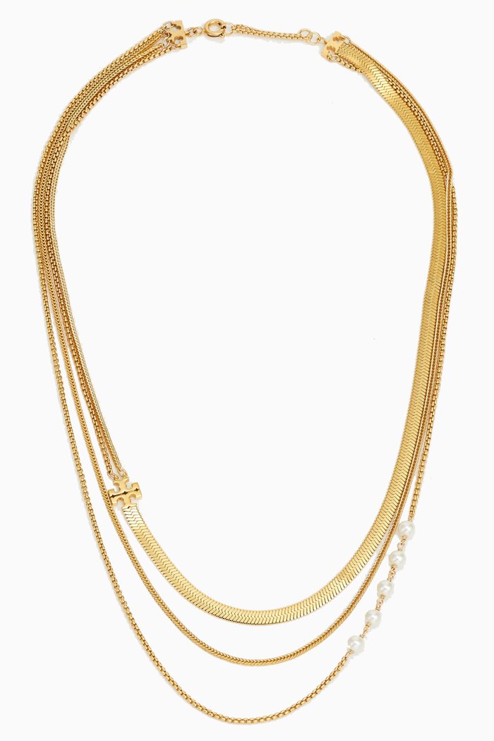 

Kira Layered Pearl Necklace in Brass, Gold