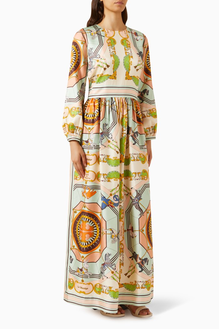 

Carousel-print Maxi Dress in Silk, Orange