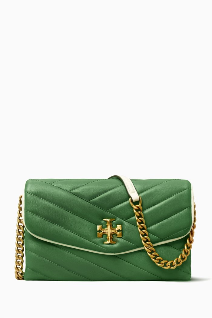 

Kira Chevron Pop Edge Chain Wallet in Quilted Leather, Neutral