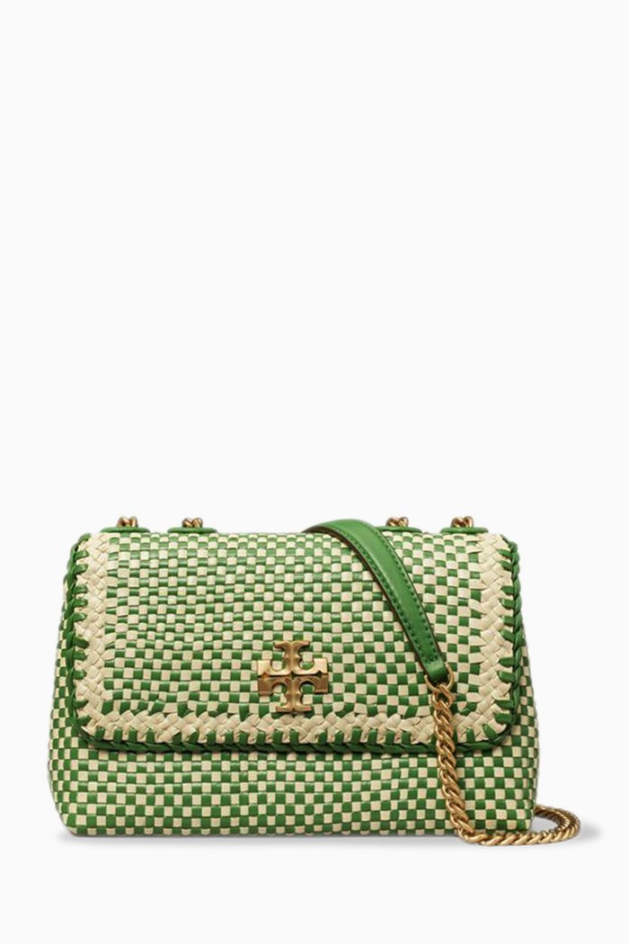 

Small Kira Chevron Shoulder Bag in Woven Leather, Green