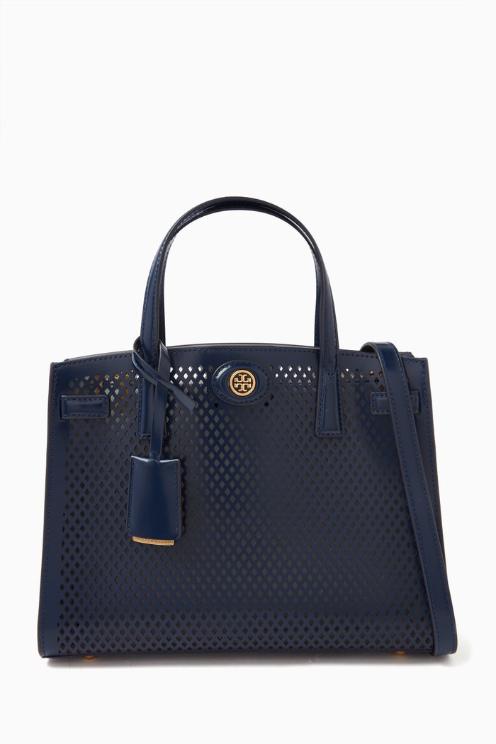 Small Robinson Perforated Satchel Bag in Leather, Blue