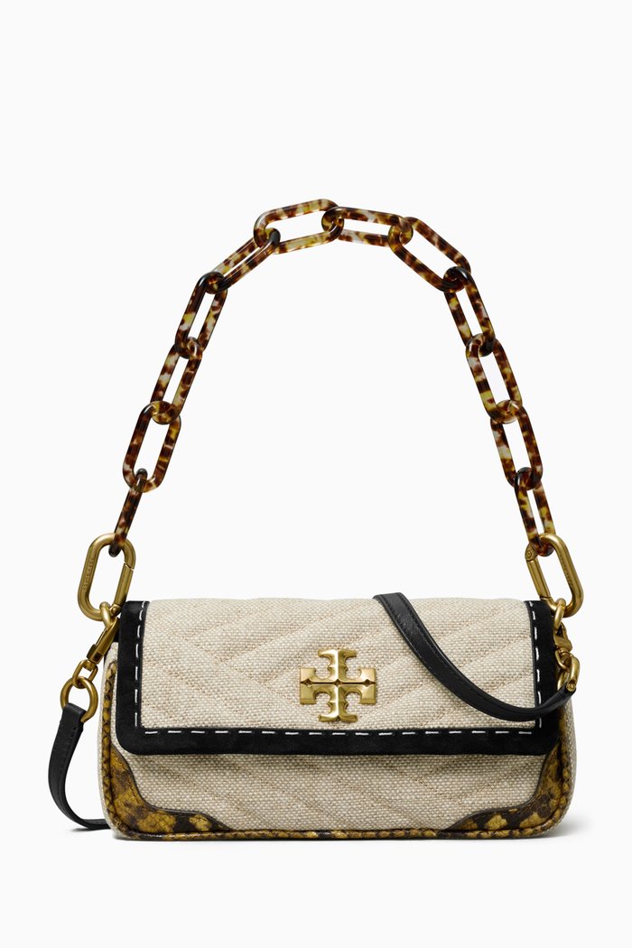 

Small Kira Flap Shoulder Bag in Linen & Suede, Neutral