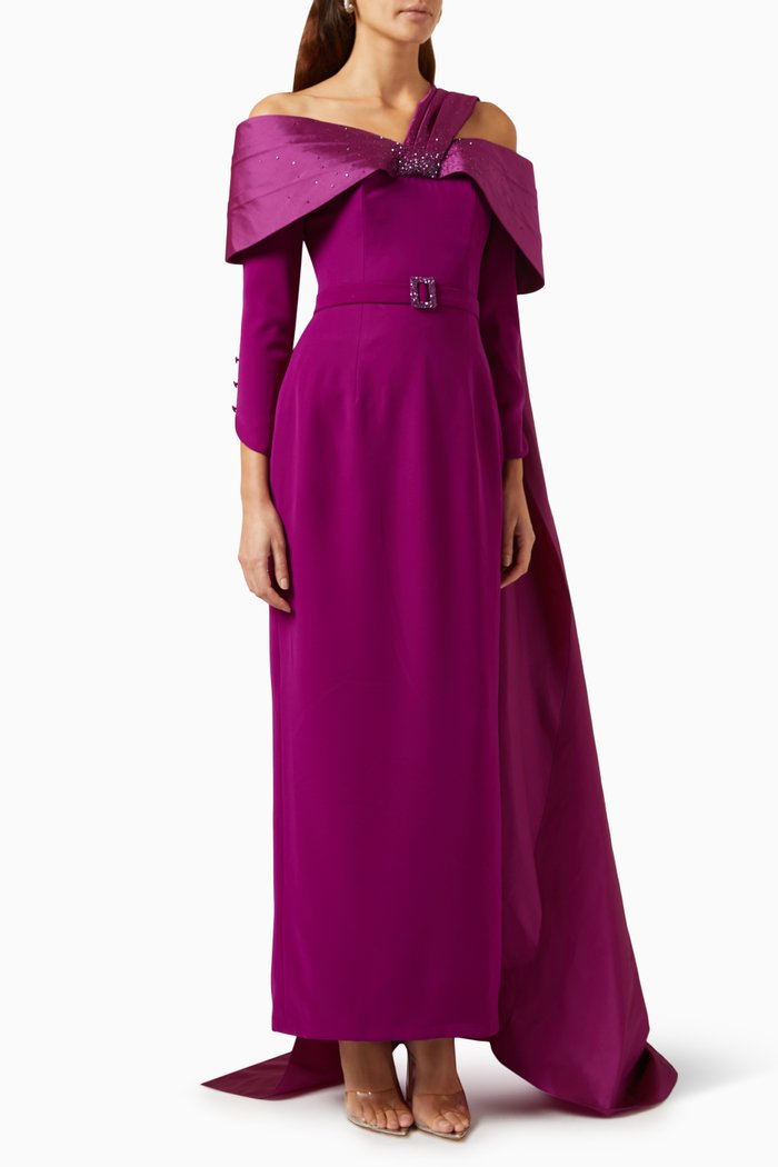 

Luna Cape-shawl Embellished Maxi Dress in Silk-taffeta & Crepe, Purple