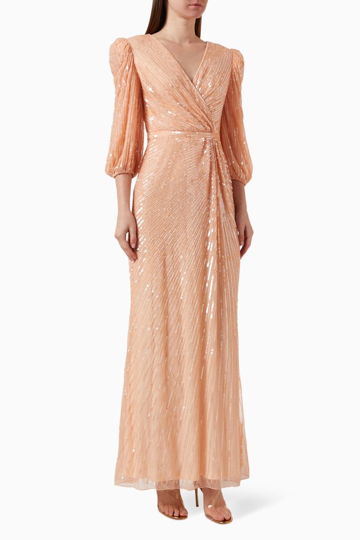 

Sequin Embellished Wrap Gown, Orange