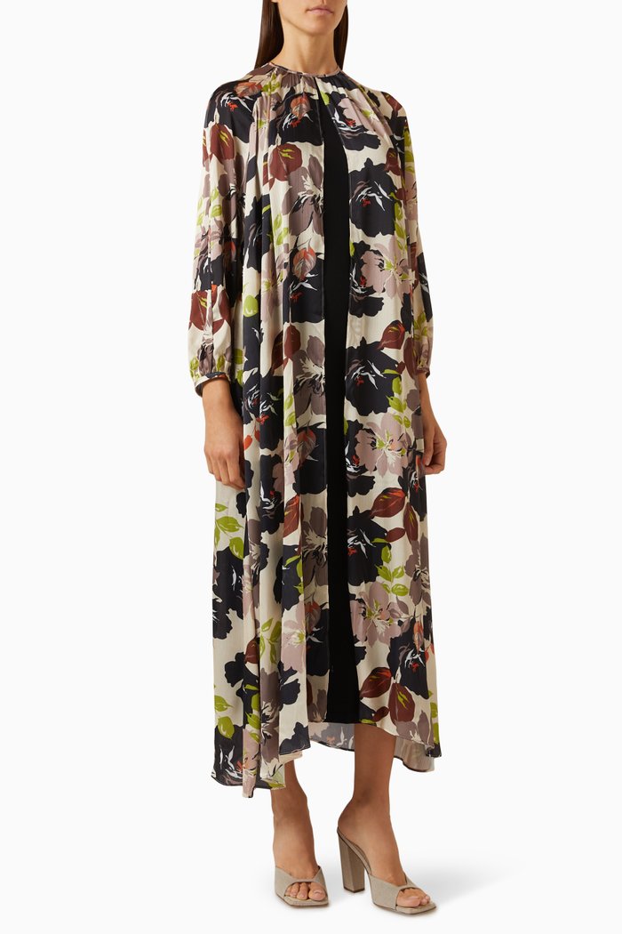 

Floral-print Midi Dress in Satin, Black