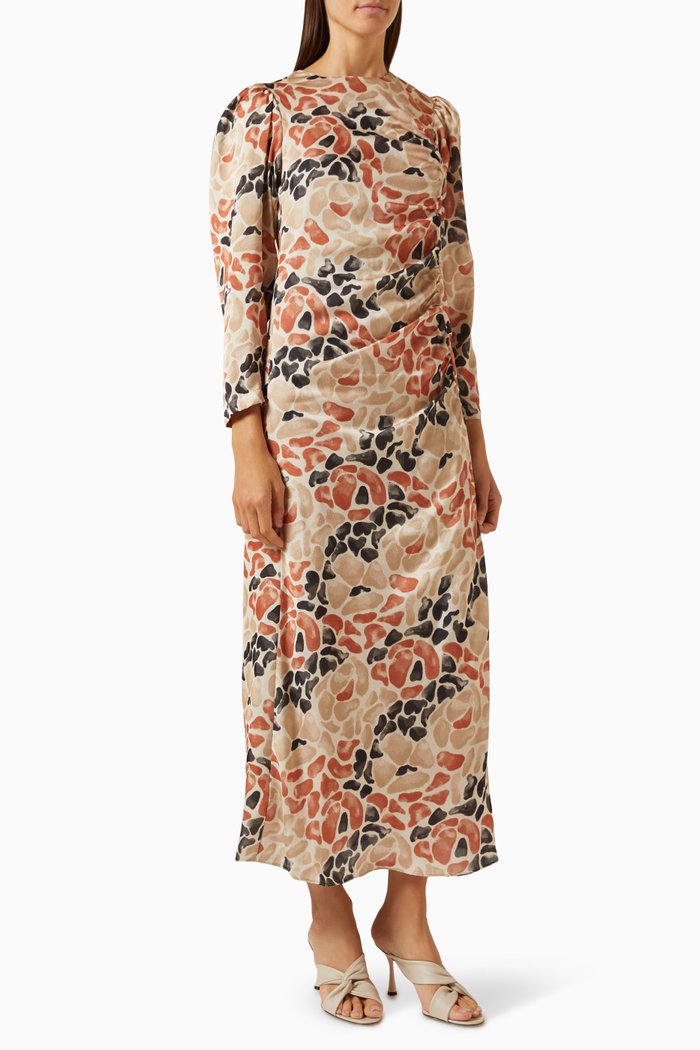 

Abstract-print Ruched Midi Dress in Satin, Neutral