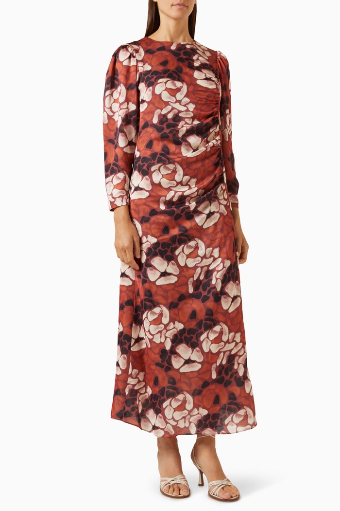 

Abstract-print Ruched Midi Dress in Satin, Brown