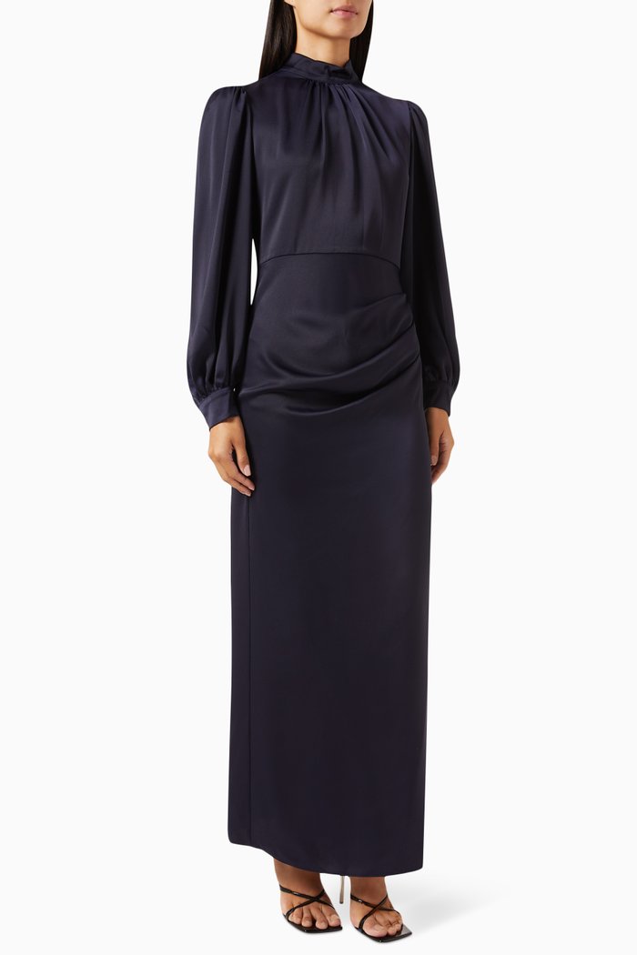 

High Collar Gown in Satin, Blue