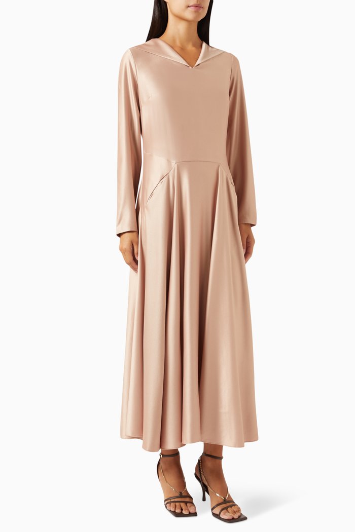 V-neck Draped Midi Dress in Satin, Neutral