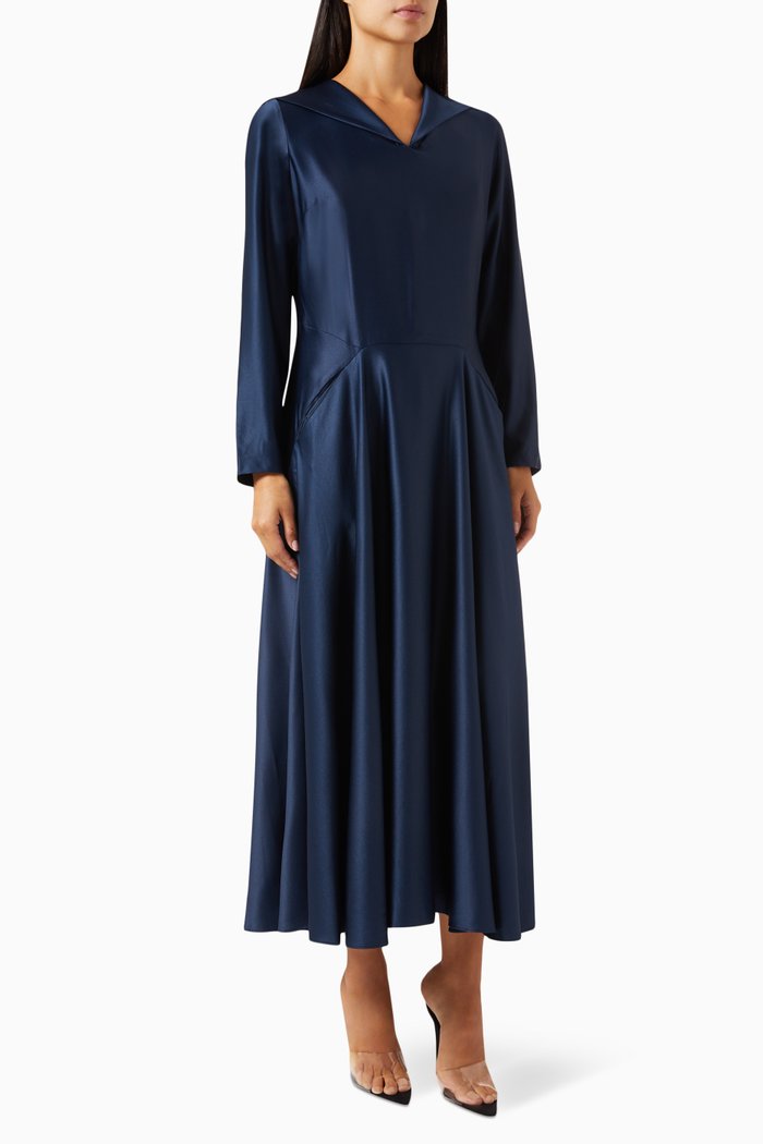 V-neck Draped Midi Dress in Satin, Blue