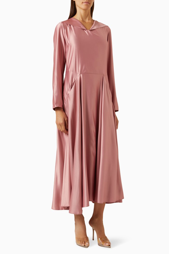 

V-neck Draped Midi Dress in Satin, Pink