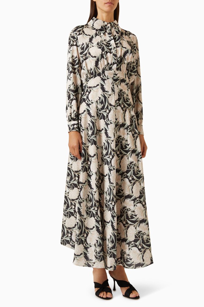

Floral-print Midi Dress in Satin, Black