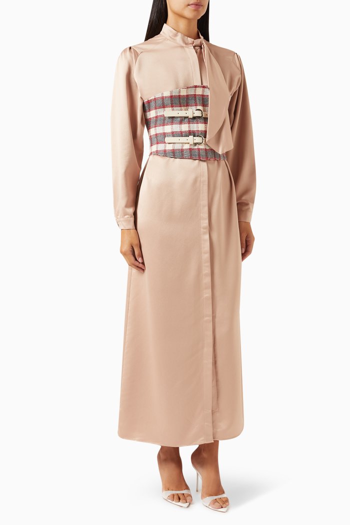 

Belted Midi Shirt Dress in Satin & Jacquard, Gold