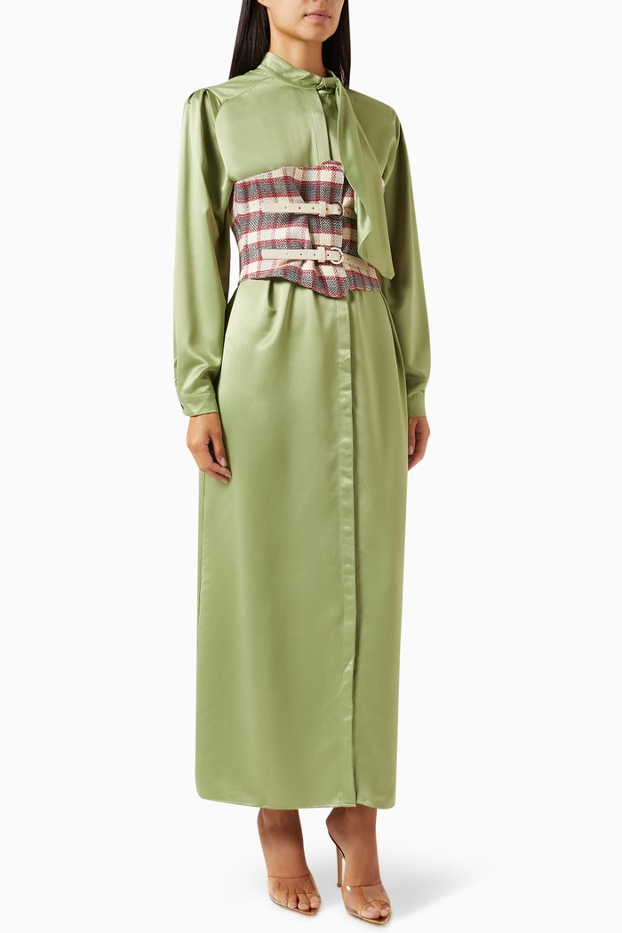 

Belted Midi Shirt Dress in Satin & Jacquard, Green
