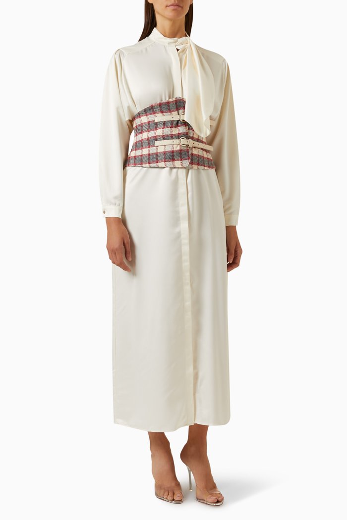 

Belted Midi Shirt Dress in Satin & Jacquard, White