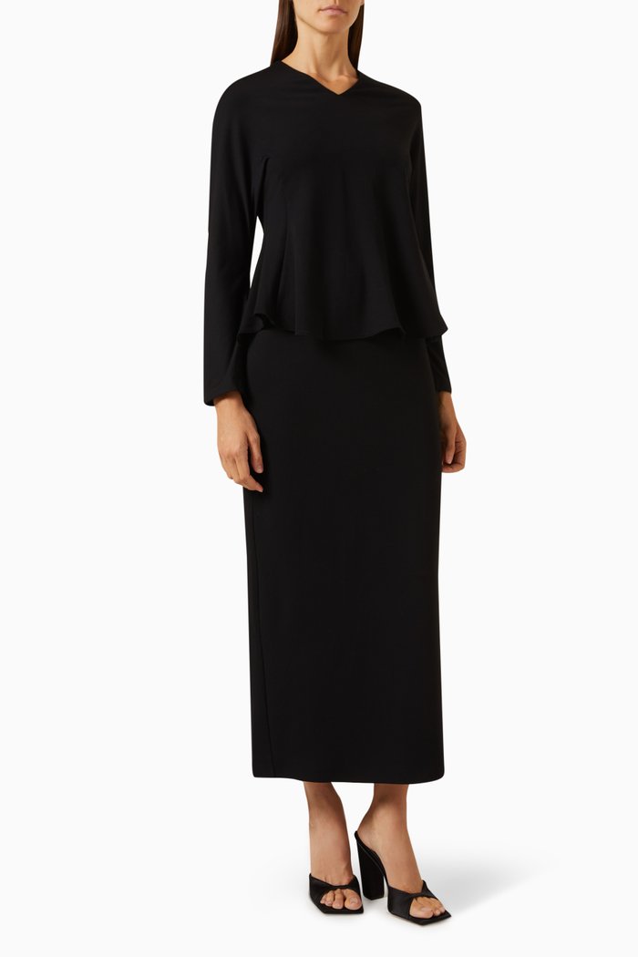 

V-neck Top & Midi Skirt Set in Crepe, Black