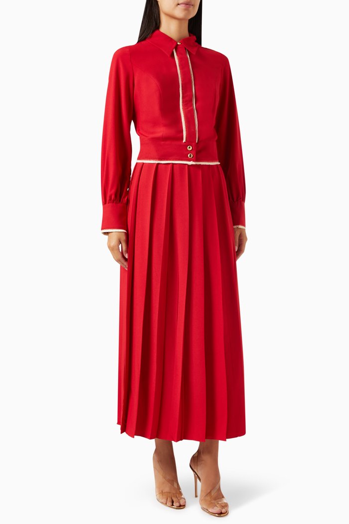 

Frayed-trim Top & Midi Skirt Set, Red