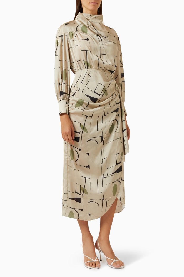 

Printed Midi Dress in Satin, Neutral