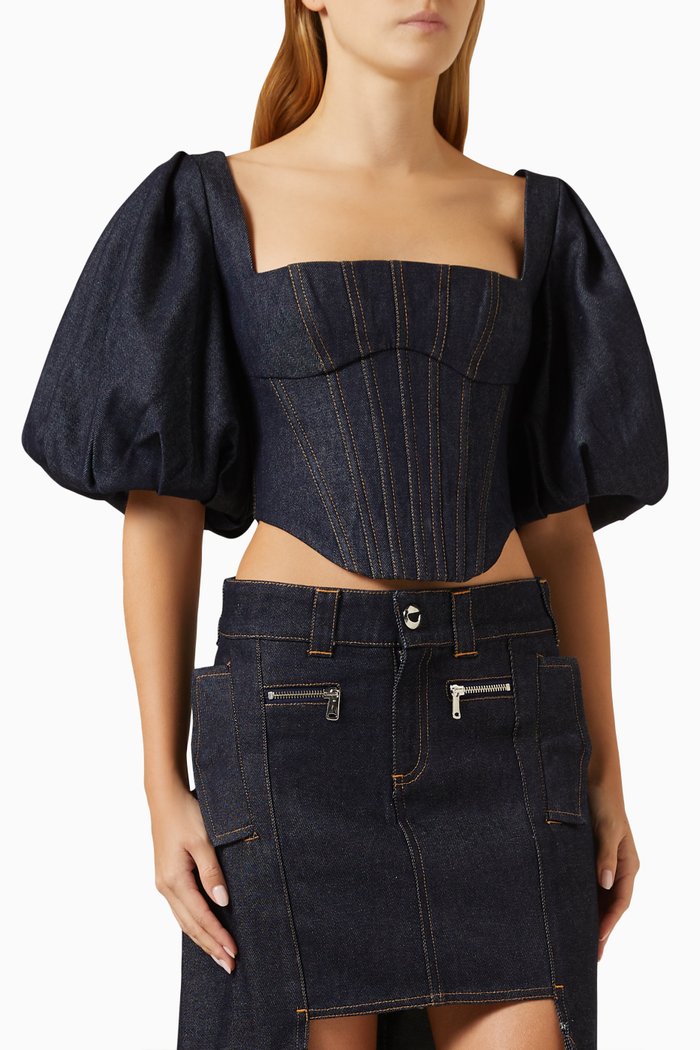 

Puff-sleeve Corset Top in Denim, Blue