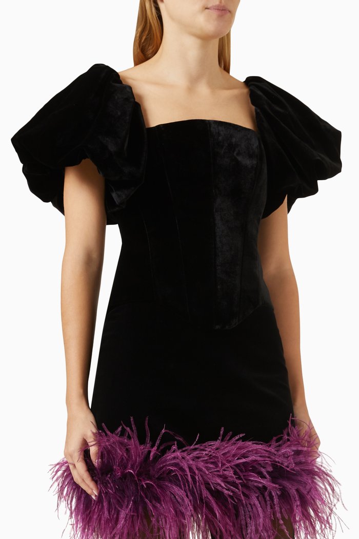 

Puff Sleeve Corset Top in Velvet, Black