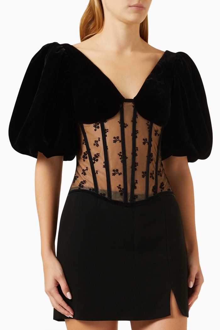 

Floral Corset Top in Velvet & Mesh, Black