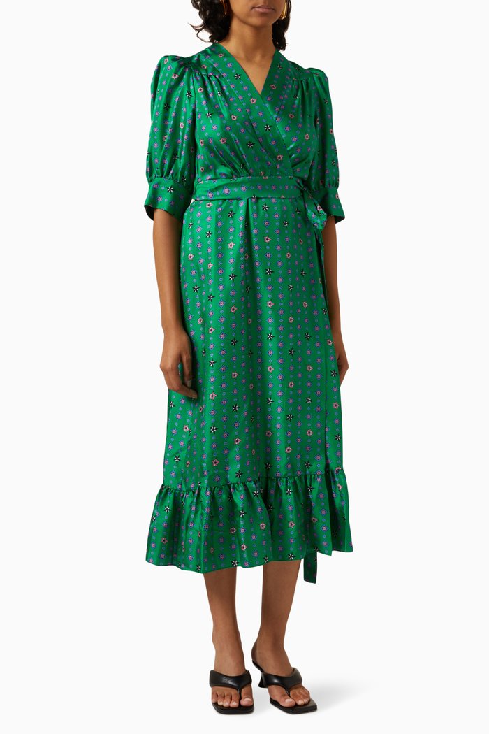 

Printed Midi Dress in Silk Satin, Green