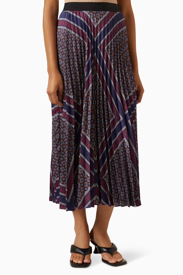 

Printed Pleated Midi Skirt in Satin, Red