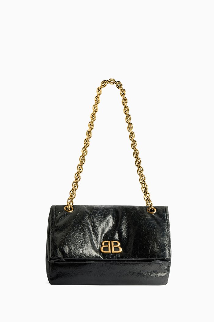 Small Monaco Chain Shoulder Bag in Arena Calfskin, Black