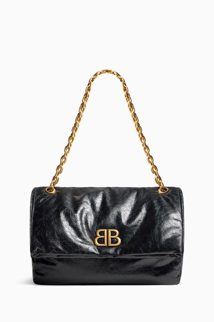 Medium Monaco Chain Shoulder Bag in Arena Calfskin, Black