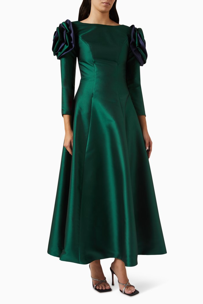 

Floral-applique Flared Maxi Dress, Green